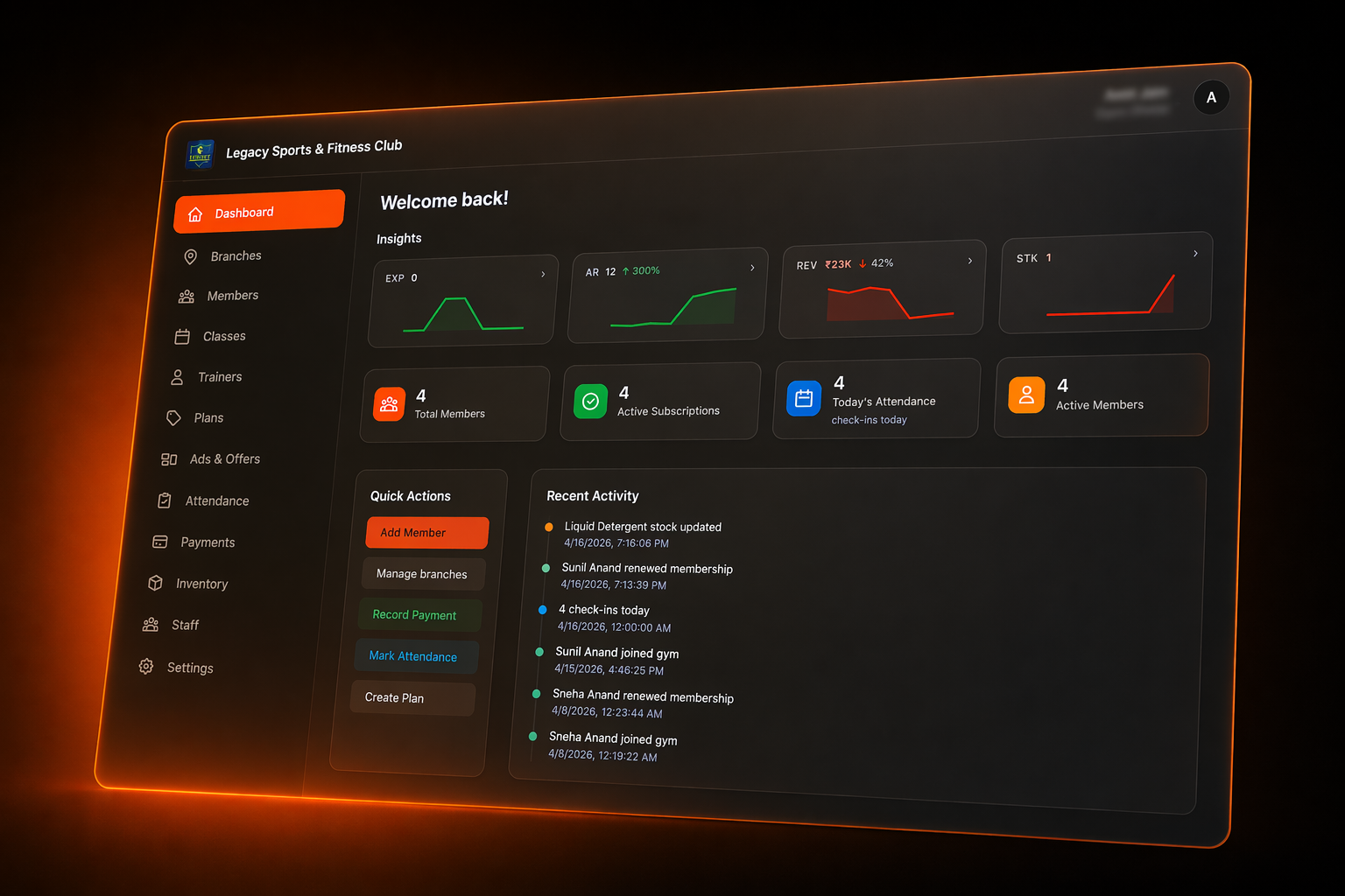 xFitOS admin dashboard showing member list, payments, and gym performance metrics